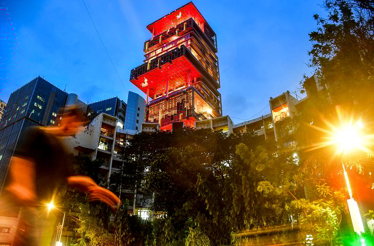 PTI : Antilia, the house of billionaire Mukesh Ambani, lit up ahead of his son Anant Ambani's wedding with Radhika Merchant at Altamount Road, Cumballa Hill, in Mumbai, Wednesday, July 10, 2024